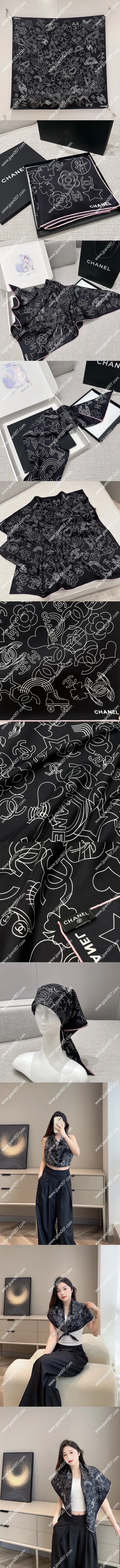 シャネル「ウィッシュ アクセサリー」ブラック シルクスカーフ 90x90cm(Chanel0001)