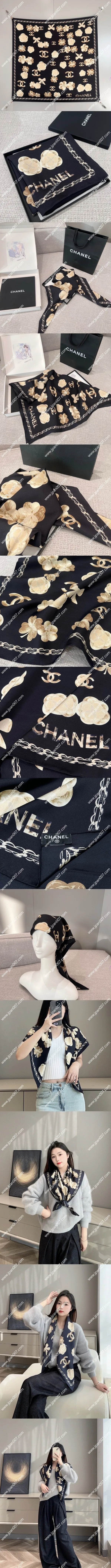 シャネル「カメリア ブローチ」ブラック シルクスカーフ 90x90cm(Chanel0005)