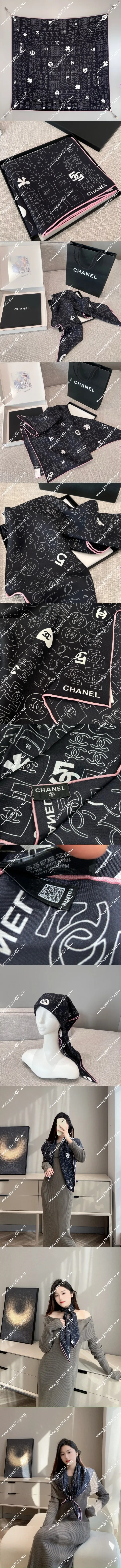 シャネル「ラッキー クローバー」ブラック シルク スクエアスカーフ 90x90cm(Chanel0007)