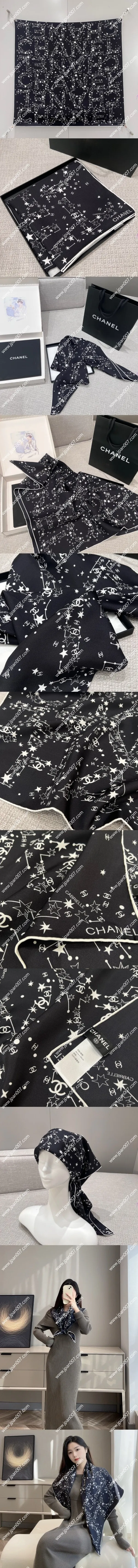 シャネル「ココ スター ストーリー」ブラック シルク スクエアスカーフ 90x90cm(Chanel0008)