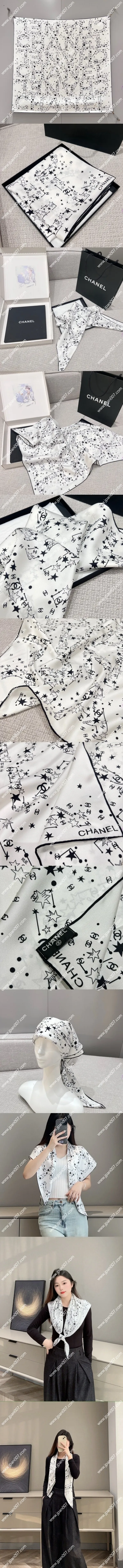 シャネル「ココ スター ストーリー」ホワイト シルク スクエアスカーフ 90x90cm(Chanel0009)
