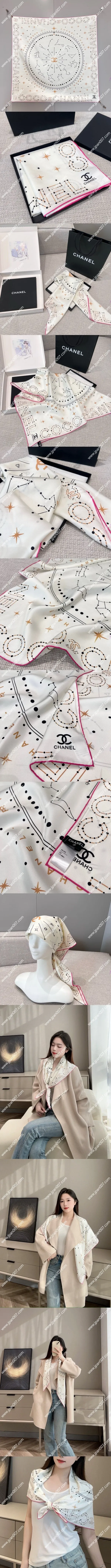 シャネル「ゾディアック サイン」ピンクホワイト シルクスカーフ 90x90cm(Chanel0020)