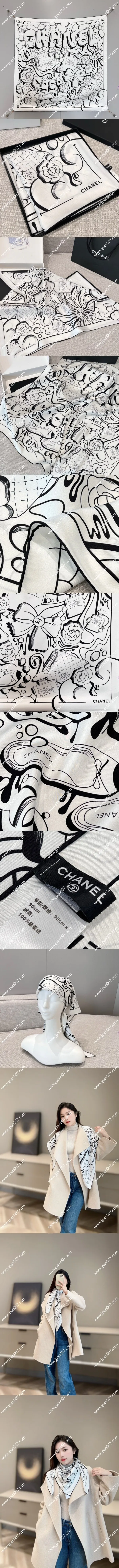 シャネル「ココ グラフィティ」ホワイト シルクスカーフ 90x90cm(Chanel0027)