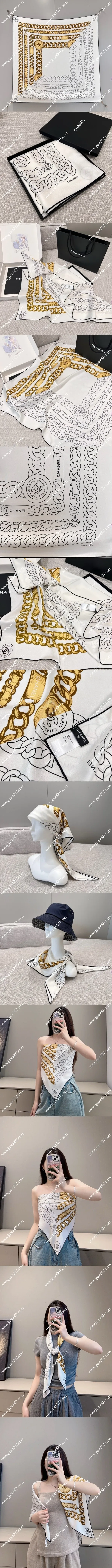 シャネル「ゴールドチェーン」ホワイトシルクスカーフ 90x90cm(Chanel0029)
