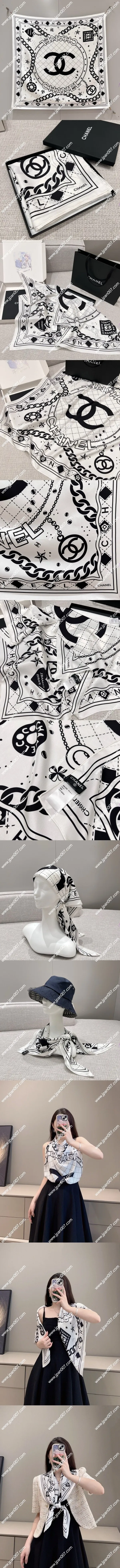 シャネル「CCチェーン」ホワイトシルクスカーフ 90x90cm(Chanel0032)