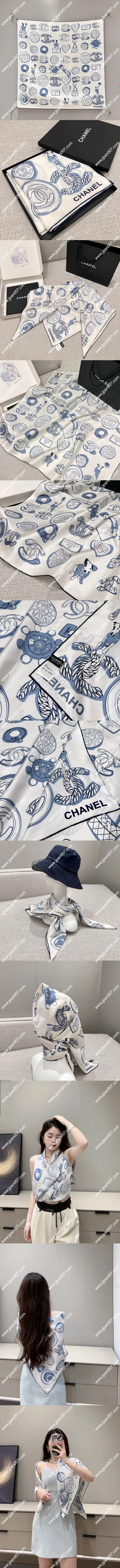 シャネル「ル プティ シャネル」ホワイト/ブルー シルク スクエアスカーフ 90x90cm(Chanel0064)