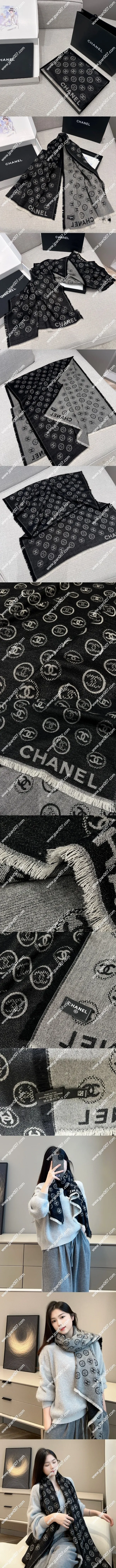 シャネル「ココマーク」ブラック/グレー カシミアマフラー 164x70cm(Chanel0117)