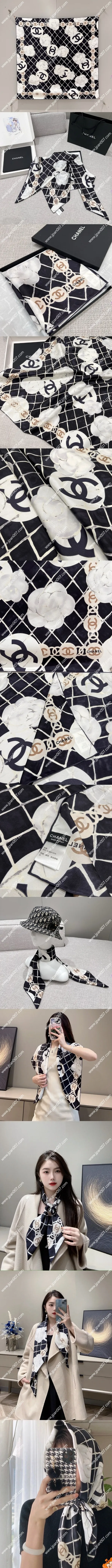 シャネル「クラシック カメリア」ブラック シルク スクエアスカーフ 90x90cm(Chanel0123)