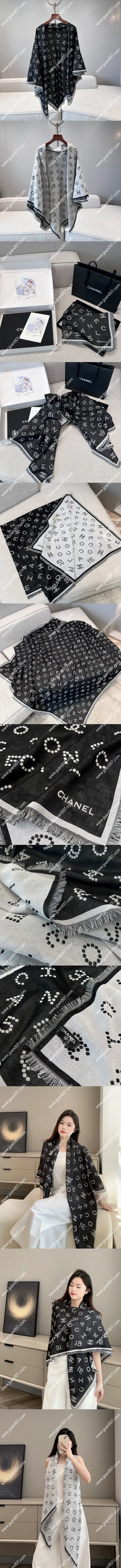 シャネル「パールレター」ブラック/グレー リバーシブルショール 140x140cm(Chanel0135)