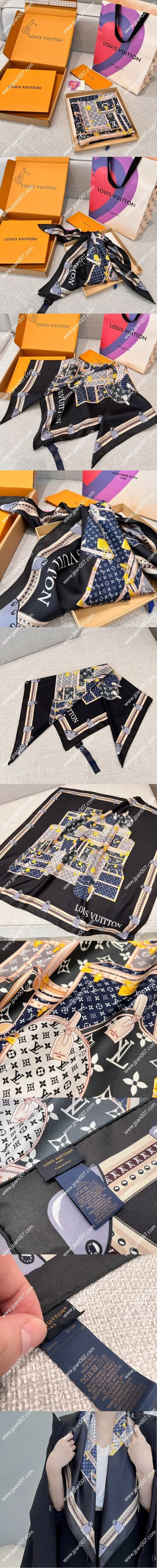 ルイヴィトン「レッツゴー」ブラック シルクスカーフ 90×90cm(M76459)