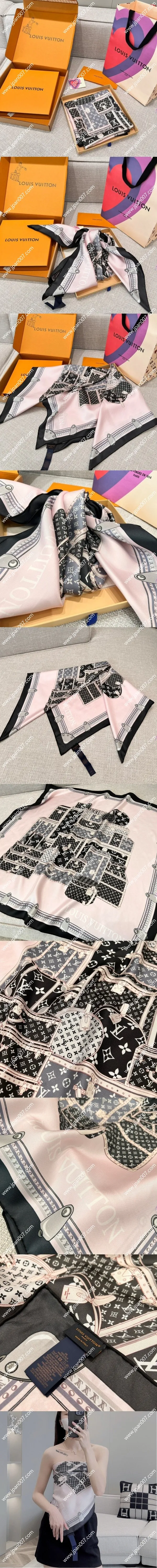 ルイヴィトン「レッツゴー」ピンク/ブラック シルクスカーフ 90×90cm(M76459)