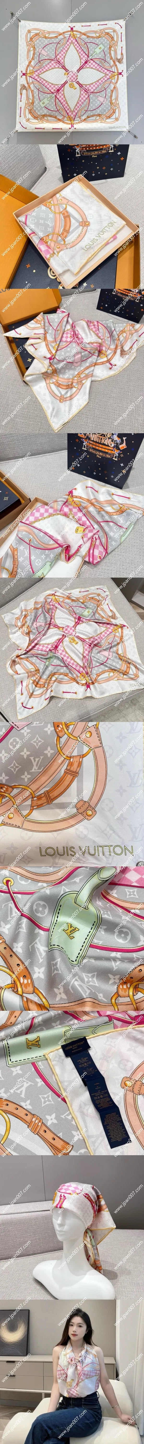 ルイヴィトン「フラワーアンドストラップ スクエア90」ホワイトピンク シルクスカーフ 90×90cm(M94977)