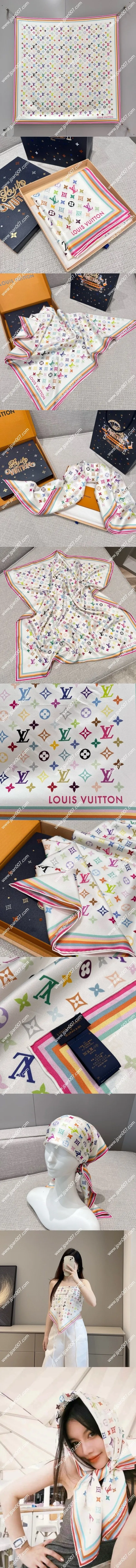 ルイヴィトン「LV x TM モノグラムマルチカラー スクエア90」ホワイトシルクスカーフ 90×90cm(M94967)