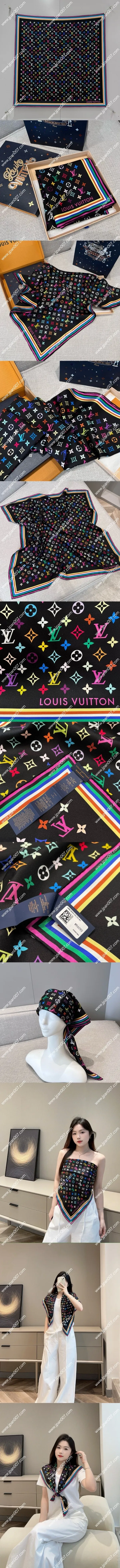 ルイヴィトン「LV x TM モノグラムマルチカラー スクエア90」ブラック シルクスカーフ 90×90cm(M96095)