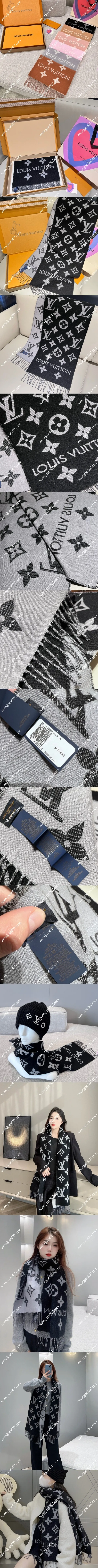 ルイヴィトン「LV エッセンシャル」ウール ロングマフラー ブラック/グレー 34×186cm(M77853)