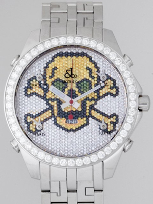 ジェイコブスーパーコピー ファイブタイムゾーン JC-SKULLY 1重ベゼルダイヤ 47mm LINKYブレスセッティング 全面ダイヤ