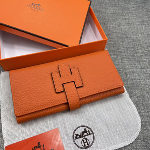 エルメス スーパーコピー H型バックル 二つ折り長財布 牛革 オレンジ  006