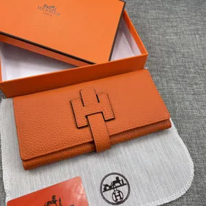 エルメス スーパーコピー H型バックル 二つ折り長財布 牛革 オレンジ  006