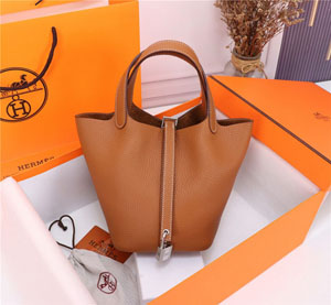 Hermes/エルメス スーパーコピー ピコタンロック 18PM ハンドバッグ ブラウンxプラチナ（H056289CK37）