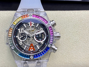 【HB工場出品】ウブロ スーパーコピー ウブロ HUBLOT ビッグバン 透明な時計 ポルトチェルボ ベゼルダイヤ レインボー 441.JX.4802.RT.4099 44MM