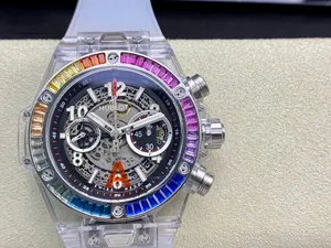【HB工場出品】ウブロ スーパーコピー ウブロ HUBLOT ビッグバン 透明な時計 ポルトチェルボ ベゼルダイヤ レインボー 441.JX.4802.RT.4099 44MM
