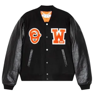 Off-White 2022 Leather Sleeve Stadium Jacket Black オフホワイト レザースリーブ スタジアムジャケット（Off-White 81）