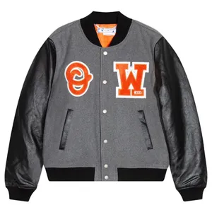 Off-White 22FW Leather Sleeve Stadium Jacket Grey オフホワイト レザースリーブ スタジアムジャケット（Off-White 80）