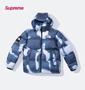 シュプリーム x ザノースフェイス ブリーチドデニムプリント ヌプシジャケット インディゴ（Supreme0004）