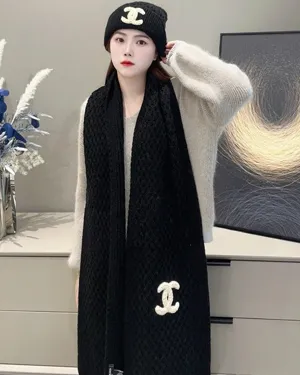 シャネル「CCロゴ」ブラック ニットカシミヤマフラーセット 200 x 28cm（Chanel0085）