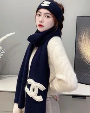 シャネル「オーシャン コレクション」ネイビーブルー カシミア ニットマフラー 200 x 35cm（Chanel0097）