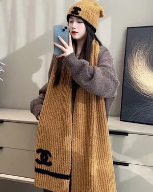シャネル「テディベア」ターメリック ニット カシミアマフラー/ビーニーセット 190 x 30cm（Chanel0107）