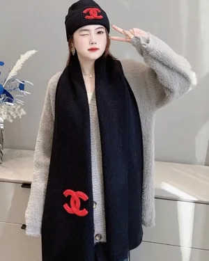 シャネル「CCロゴ」ブラック ニットカシミヤマフラー/ビーニーセット 200 x 35cm（Chanel0113）