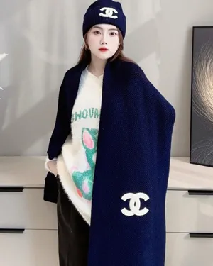 シャネル「CCロゴ」ダークブルー ニットカシミヤマフラー/ビーニーセット 200 x 35cm（Chanel0114）