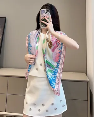 ルイヴィトン「シークレットガーデン スクエア90」ピンク シルクスカーフ 90×90cm（M78784）